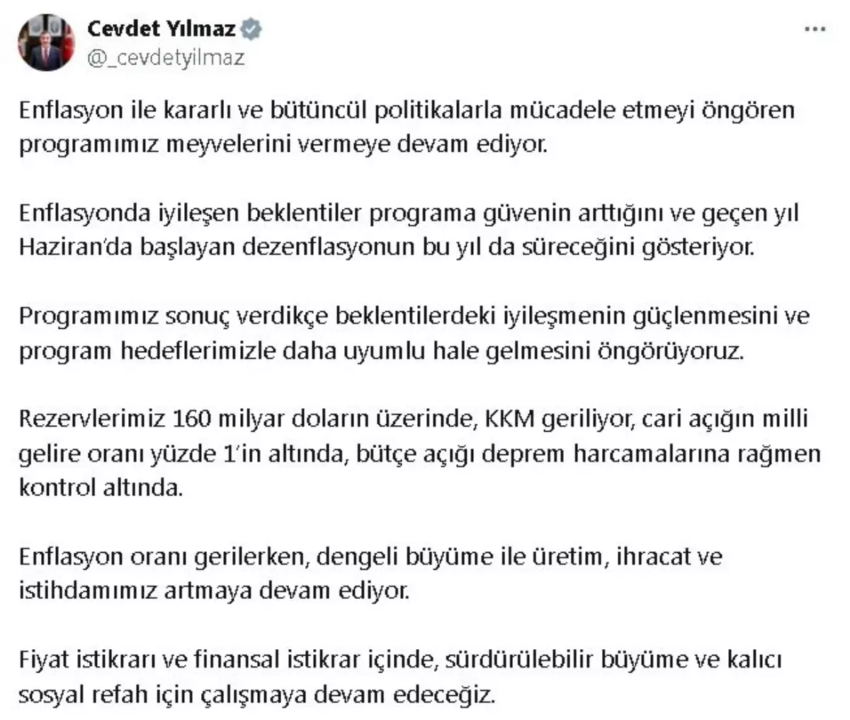 Cevdet Yılmaz: Enflasyon Beklentilerinde İyileşme Sürüyor